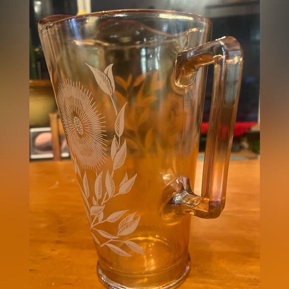 ✨Vintage Amber Glass Floral Etched Water Pitcher | 1930s Depression Style - Picture 5 of 7